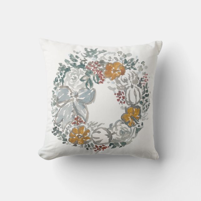 Welcome Wreath Gray Pumpkin Painting Throw Pillow (Front)