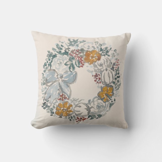 Welcome Wreath Gray Pumpkin Painting Throw Pillow (Front)