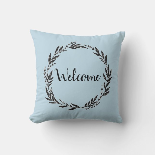 Welcome Wreath Gray Throw Pillow (Front)