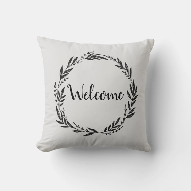 Welcome Wreath Gray Throw Pillow (Front)