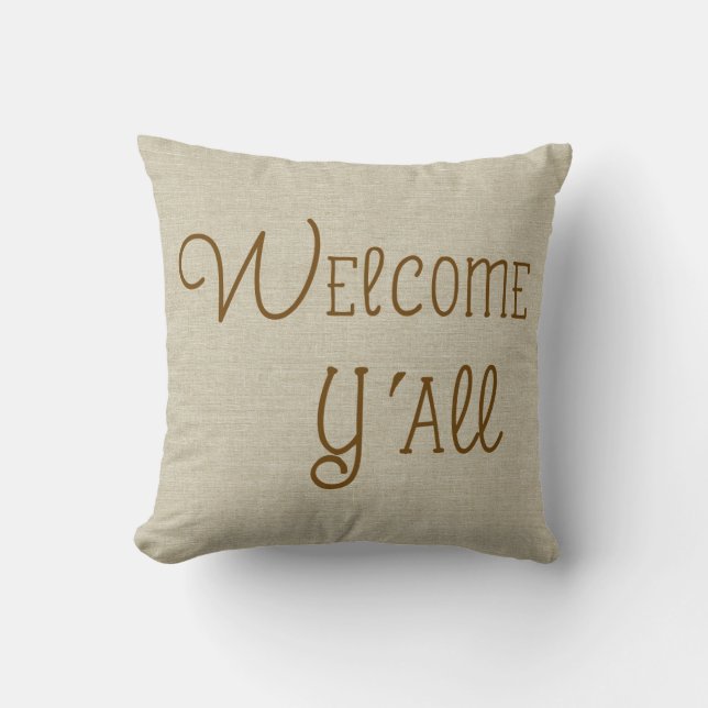 Welcome Y'All burlap-look custom name Throw Pillow (Front)