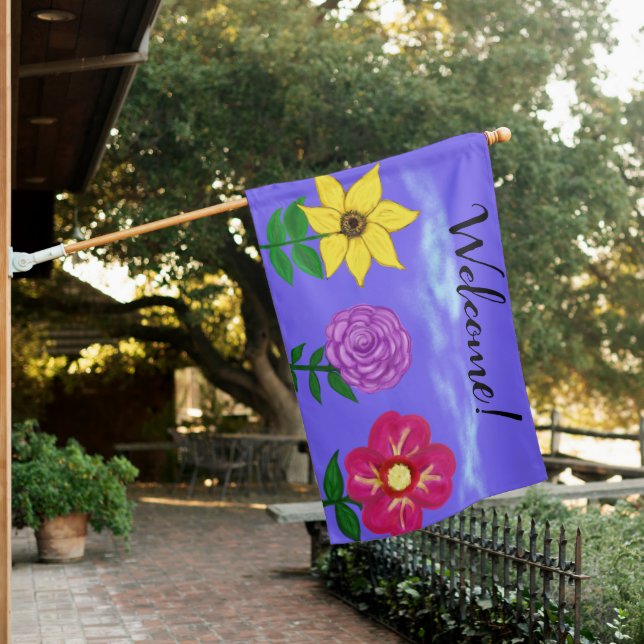 Welcome Yellow Purple Fuchsia Flowers House Flag (In SItu)