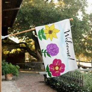 Welcome Yellow Purple Pink Flowers  House Flag