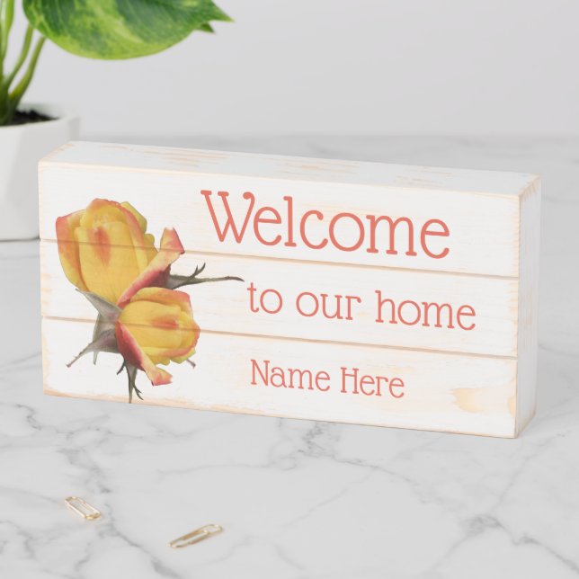 Welcome Yellow Rosebud Flowers Personalized  Wooden Box Sign (In Situ Horizontal)