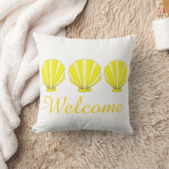 Welcome Yellow Seashells Beach House Decor Throw Pillow (Blanket)