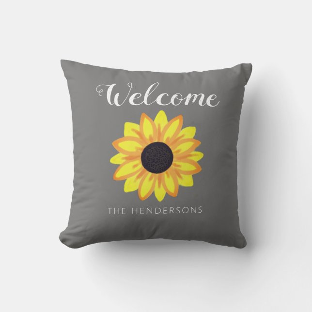 Welcome Yellow Sunflower Bloom Grey Family Name Throw Pillow (Front)