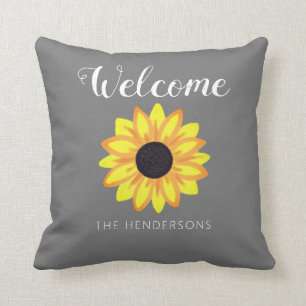 Welcome Yellow Sunflower Bloom Grey Family Name Throw Pillow