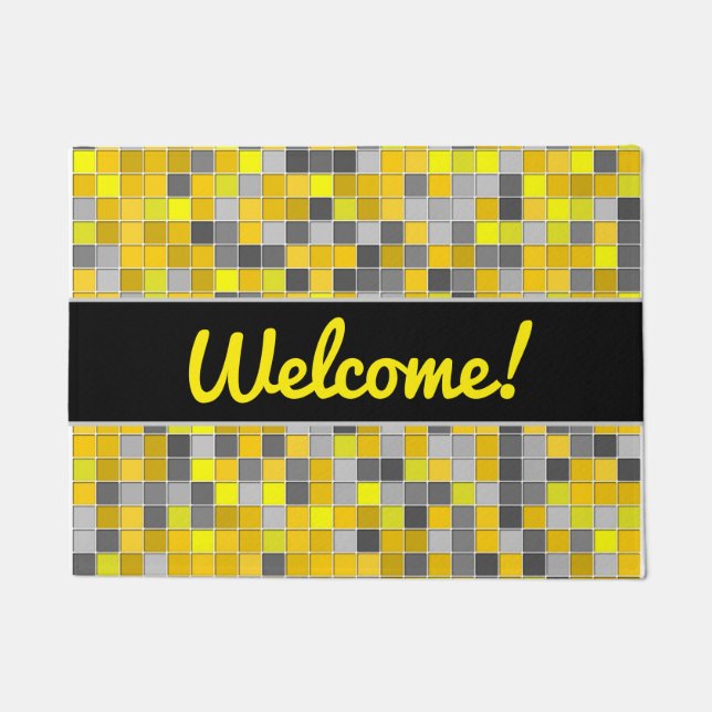 Welcome! + Yellows and Grays Tiled Squares Pattern Doormat (Front)