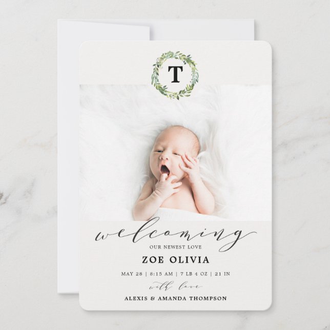 Welcoming Baby Eucalyptus Greenery Monogram Birth Announcement (Front)