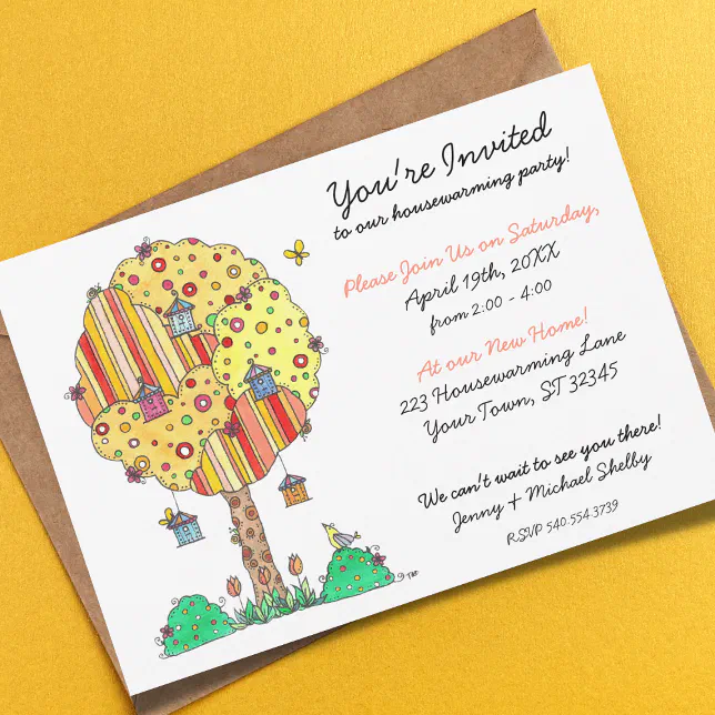 Welcoming Birdhouse Tree Housewarming Invitation | Zazzle