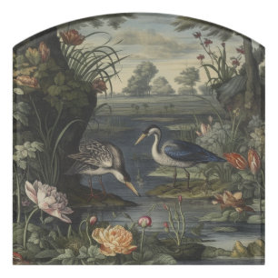 Welcoming Chinoiserie Blue Crane Antique Botanical Door Sign