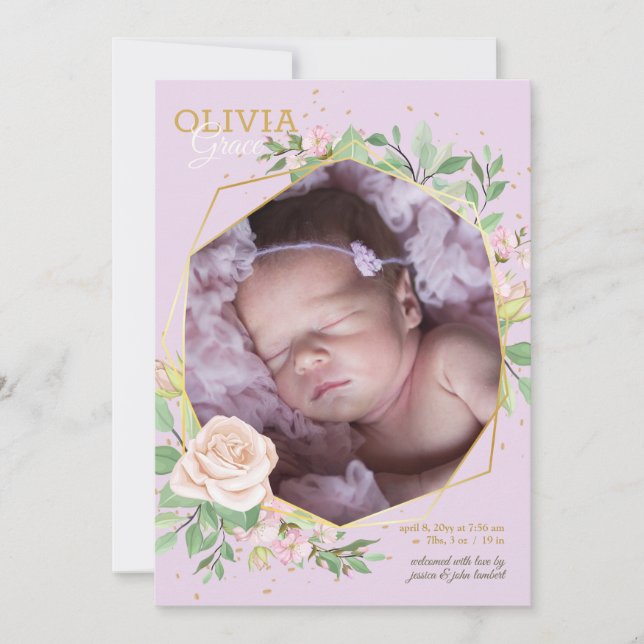 Welcoming Floral Photo Birth Announcement (Front)