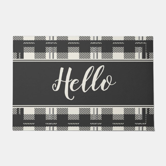 Welcoming Hello Buffalo Plaid Doormat Design (Front)