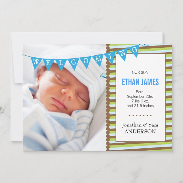 Welcoming New Baby Boy Photo Announcement (Front)
