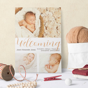 Welcoming New Baby Boy Photo Template Neutrals by VillageDesign at Zazzle