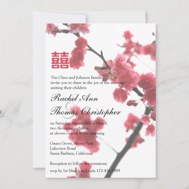 Welcoming Spring Sakura Double Happiness Wedding Invitation (Front)