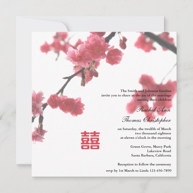 Welcoming Spring Sakura Double Happiness Wedding Invitation (Front)