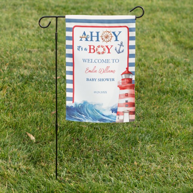 Welcoming Striped Blue Red Nautical Ahoy Boy Garden Flag (In SItu)