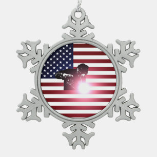 Welder & American Flag Snowflake Pewter Christmas Ornament