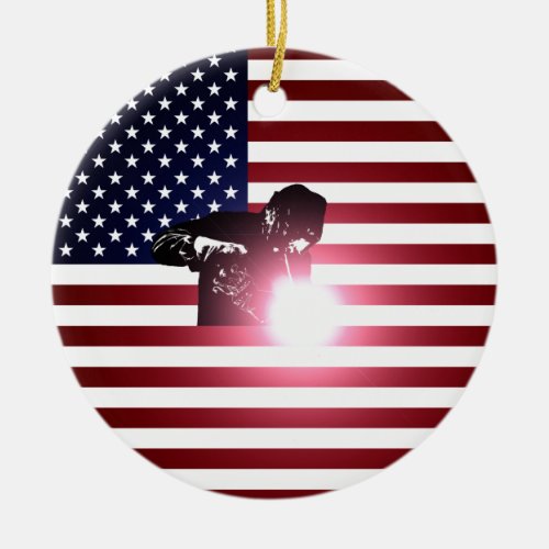 Welder and American Flag Ceramic Ornament