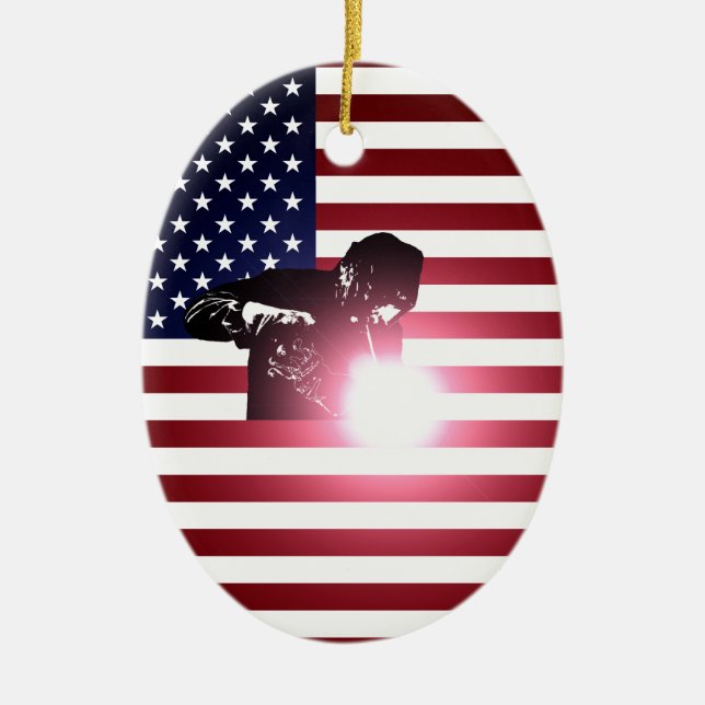 Welder and American Flag Ceramic Ornament (Front)