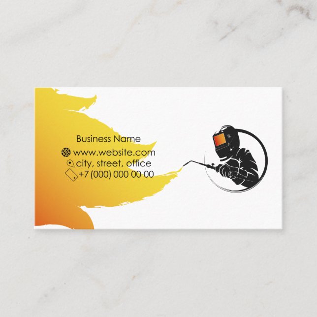 Welder in mask with welding machine in hand busine business card (Front)