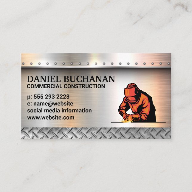 Welder | Metallic Brushed Rivets | Steel Business Card (Front)