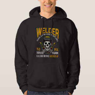 Welder using a High School Diploma to fix College Hoodie