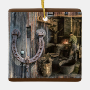 Welder Vintage Blacksmith Horseshoes Ceramic Ornament