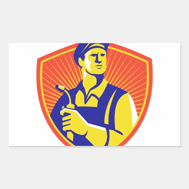 Welder With Welding Torch Shield Retro Rectangular Sticker (Front)