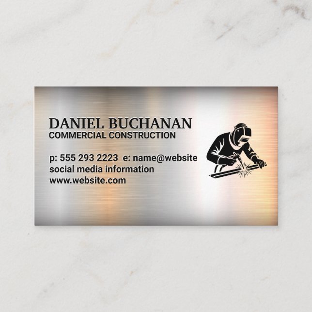 Welder Working on Steel | Metallic Background Business Card (Front)
