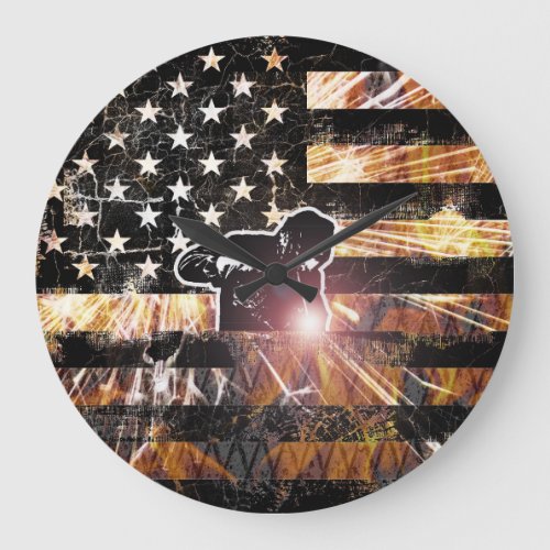 Welding Flag Sparks and Flames Large Clock
