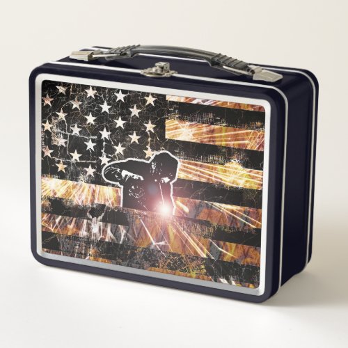 Welding Flag Sparks and Flames Metal Lunch Box