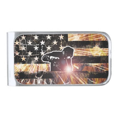 Welding Flag Sparks and Flames Silver Finish Money Clip