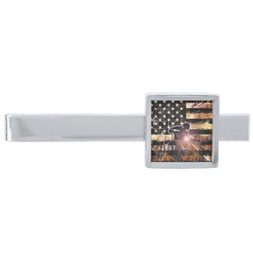 Welding Flag Sparks and Flames Silver Finish Tie Bar