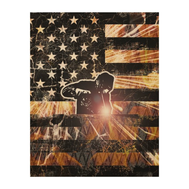 Welding Flag Sparks and Flames Wood Wall Art (Front)