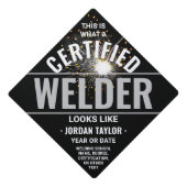 Welding Torch & Sparks Certified Welder Black Graduation Cap Topper (Front)
