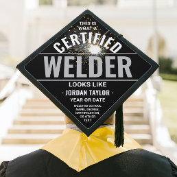 Welding Torch &amp; Sparks Certified Welder Black Graduation Cap Topper