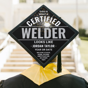 Welding Torch & Sparks Certified Welder Black Graduation Cap Topper