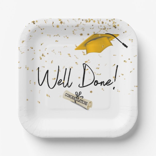 Well Done Graduation Confetti With Gold Cap Paper Plates (Front)