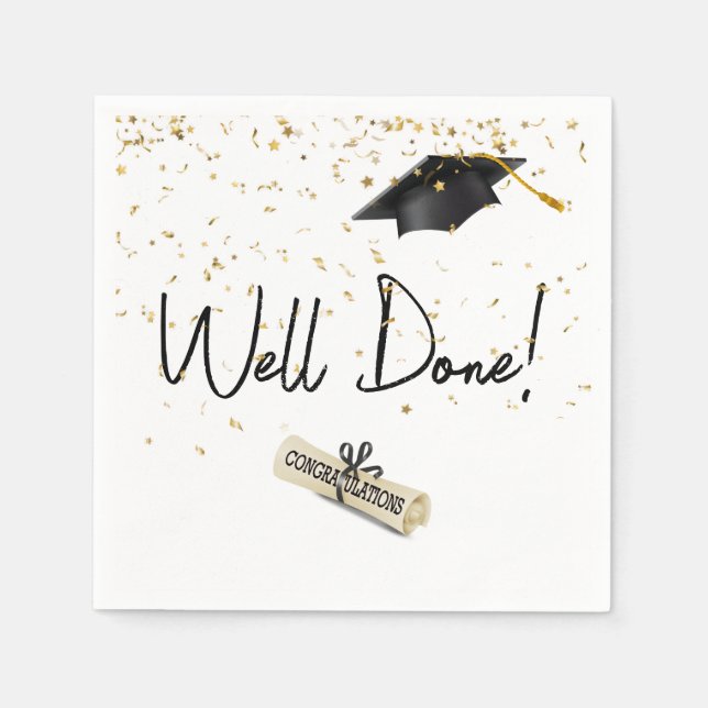 Well Done Graduation Gold Confetti With Black Cap Napkins (Front)