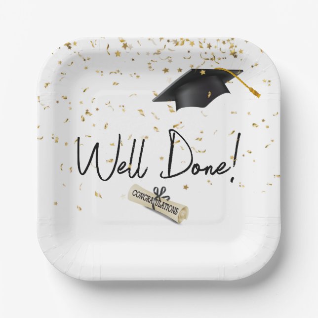 Well Done Graduation Gold Confetti With Black Cap Paper Plates (Front)