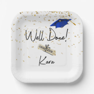Well Done Graduation Gold Confetti With Blue Cap Paper Plates