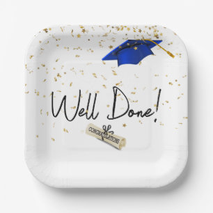 Well Done Graduation Gold Confetti With Blue Cap Paper Plates