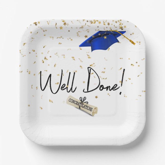 Well Done Graduation Gold Confetti With Blue Cap Paper Plates (Front)