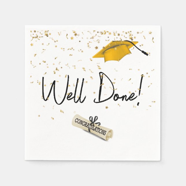 Well Done Graduation Gold Confetti With Gold Cap Napkins (Front)