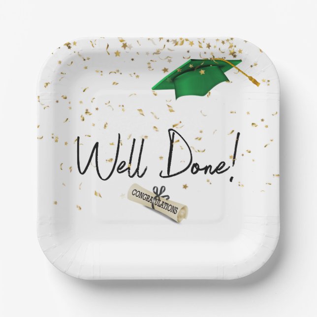 Well Done Graduation Gold Confetti With Green Cap Paper Plates (Front)