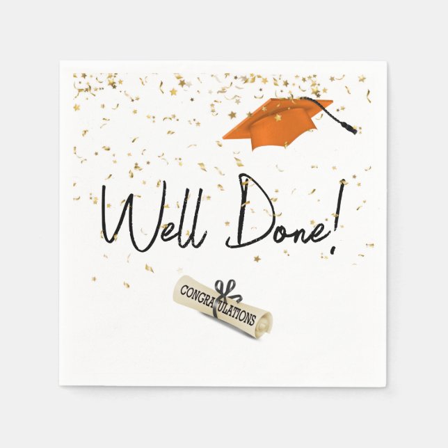Well Done Graduation Gold Confetti With Orange Cap Napkins (Front)