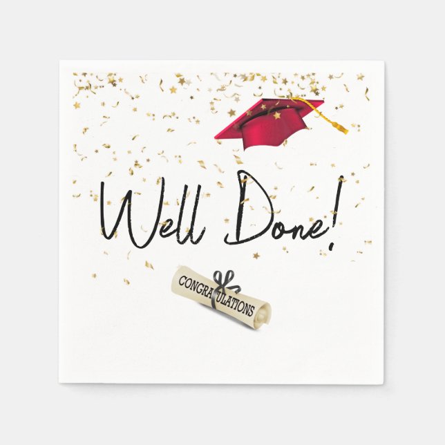 Well Done Graduation Gold Confetti With Red Cap Napkins (Front)