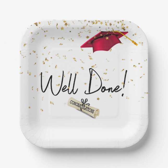 Well Done Graduation Gold Confetti With Red Cap Paper Plates (Front)